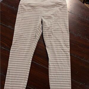 Athleta Taupe and White Striped Active Leggings 7/8